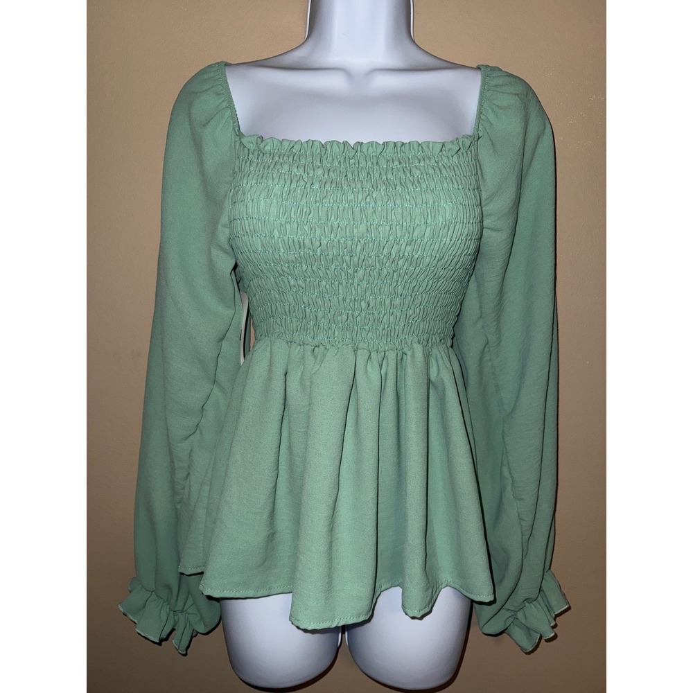 NWT Babydoll Mint Smock Peplum‎ Top Square Neck Balloon Sleeve S Cottagecore